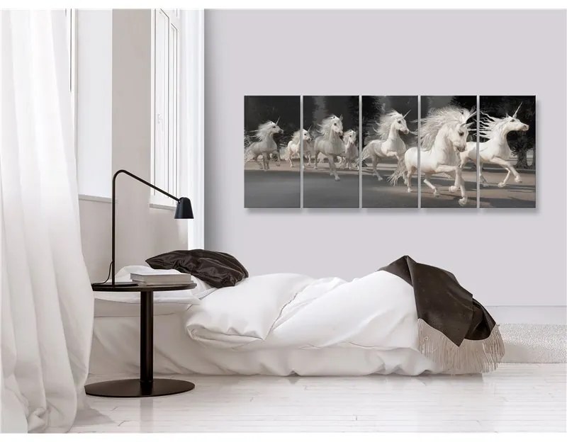 Quadro Unicorns Run (5 Parts) Narrow  Colore Grigio, Dimensioni e Misure 200x80