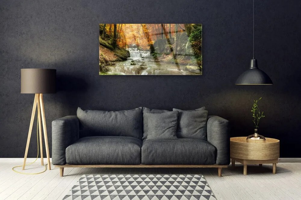 Quadro in vetro acrilico Cascata della natura della foresta 100x50 cm