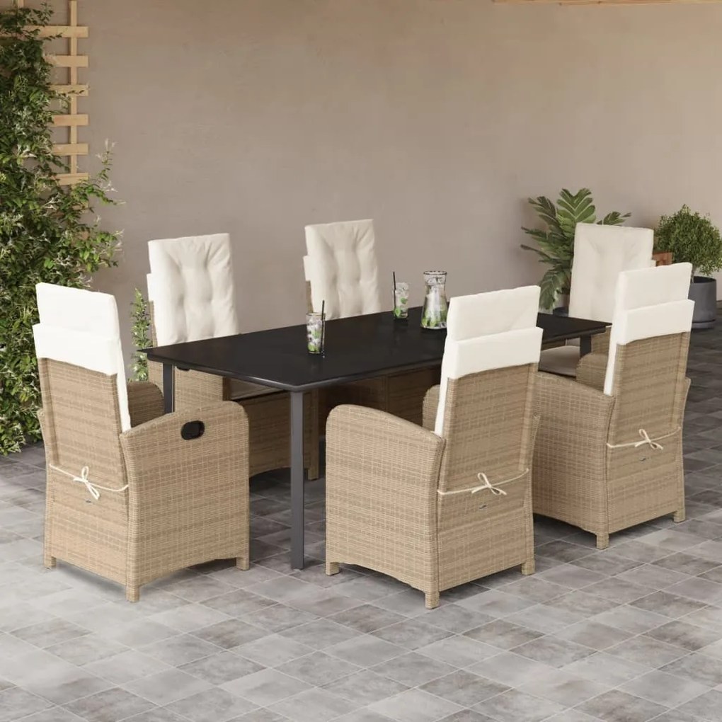 Set da pranzo da giardino 7 pz con cuscini beige in polyrattan