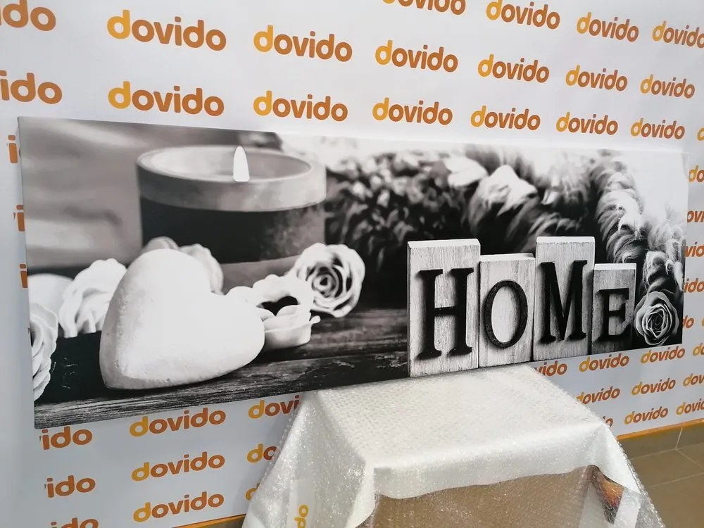 Quadro su tela – Natura morta con scritta Home in bianco e nero