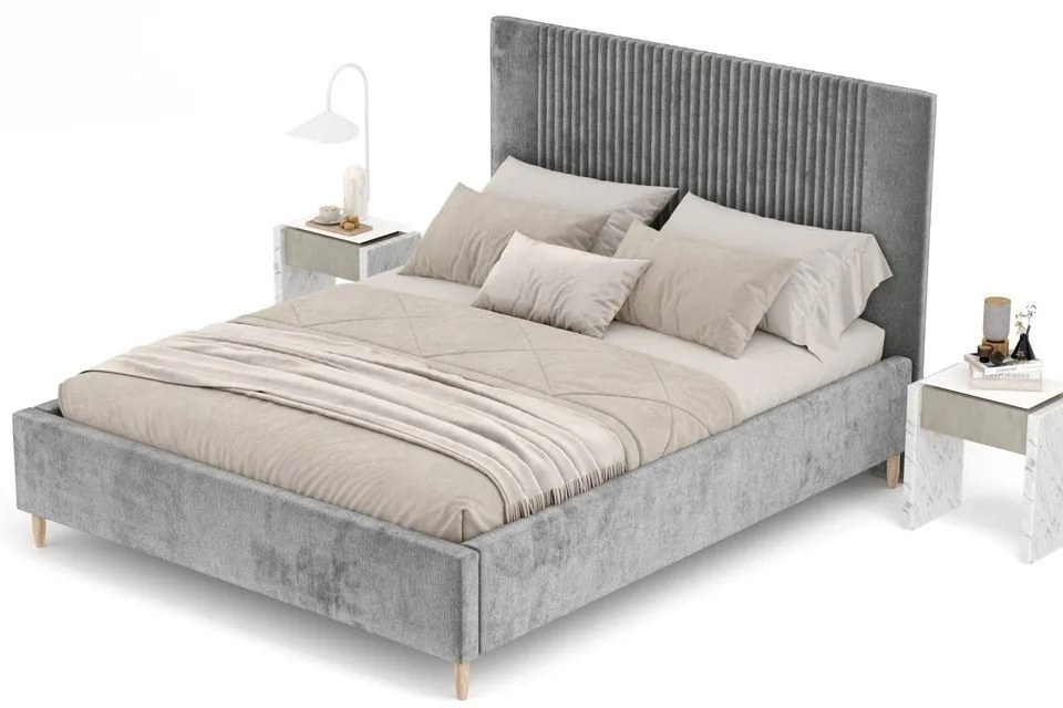 Letto matrimoniale imbottito grigio con contenitore con rete inclusa 140x200 cm Etero – Maison de Rêve