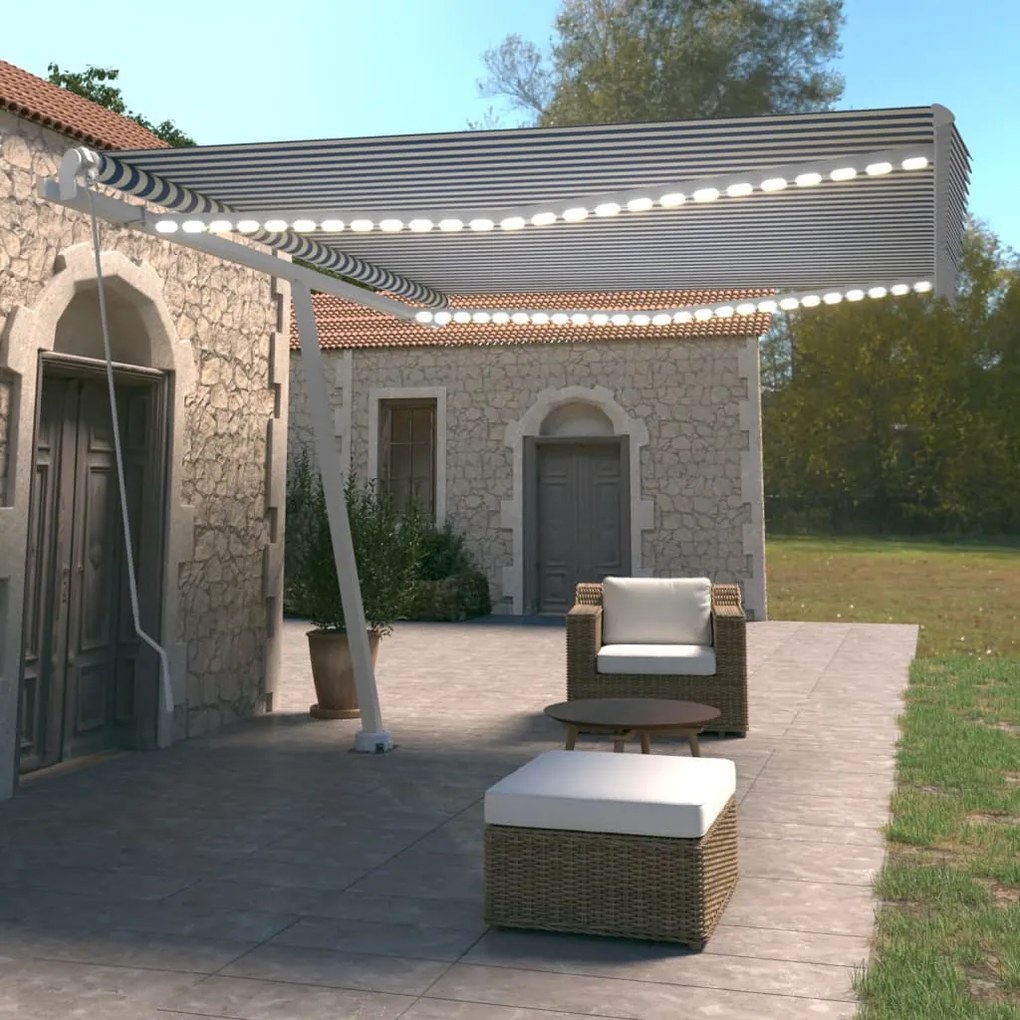 Tenda Da Sole Retrattile Manuale Con Led 450x350 Cm Blu Bianco /