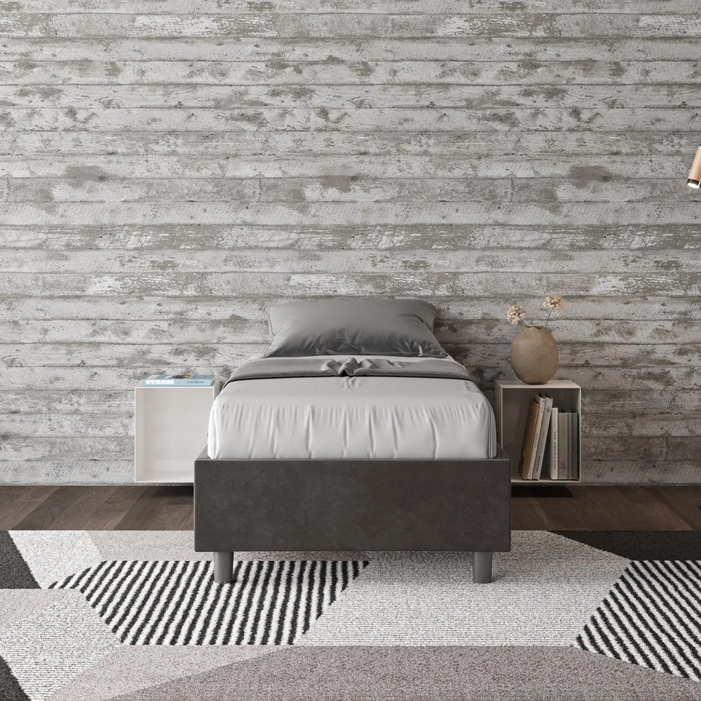 Letto singolo imbottito 80x190 microfibra Azelia senza rete, con rete e contenitore, Grigio / Con Rete