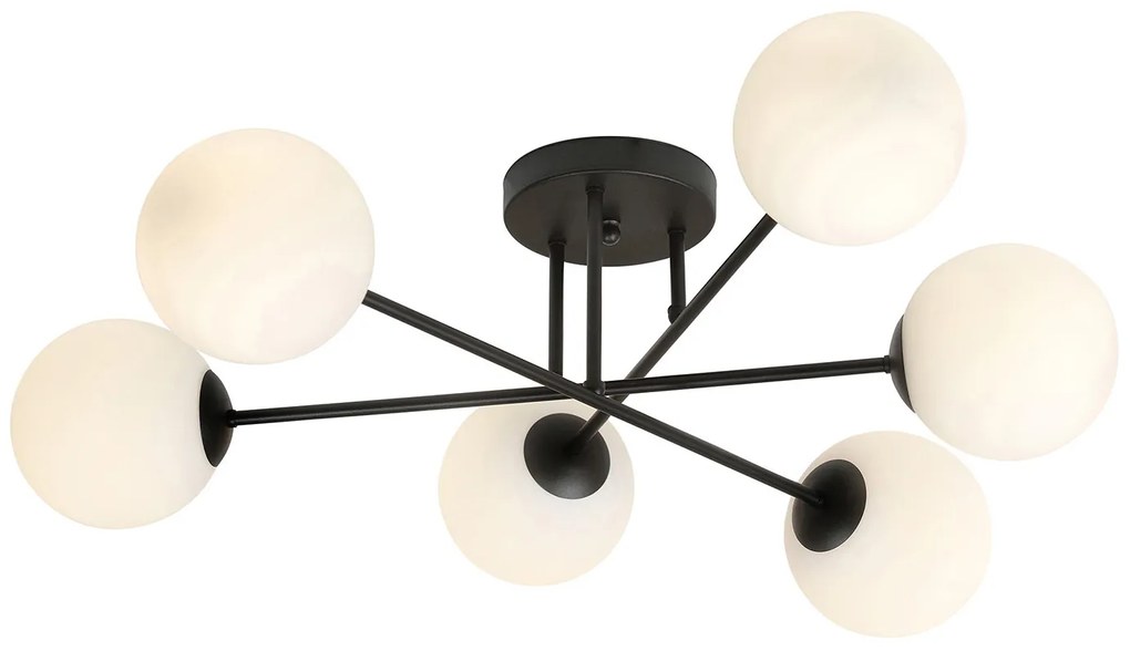 Plafoniera Moderna Morrigan 6 Luci In Acciao Nero E Sfere In Vetro Bianco