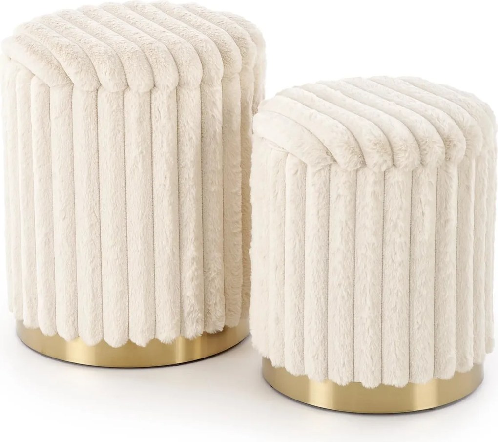 Set 2 Pouf FIDO con contenitore – crema / oro – ø36×44 cm e ø31×38 cm