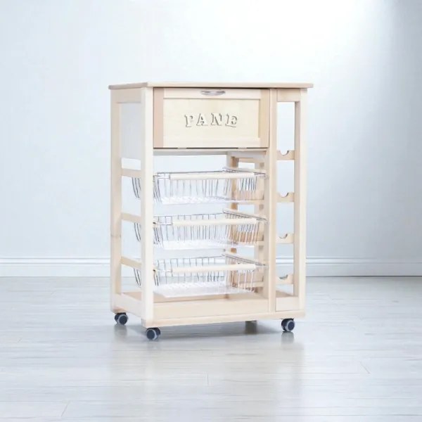 Carrello portafrutta con portapane e portabottiglie Naturale