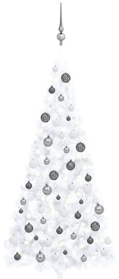 Albero di Natale a Metà Preilluminato con Palline Bianco 240 cm