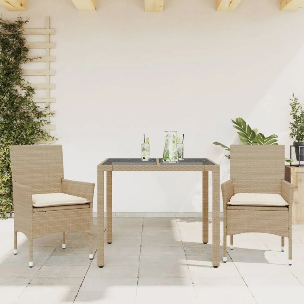 Set Da Pranzo Da Giardino 3 Pz Con Cuscini Polyrattan E Vetro /