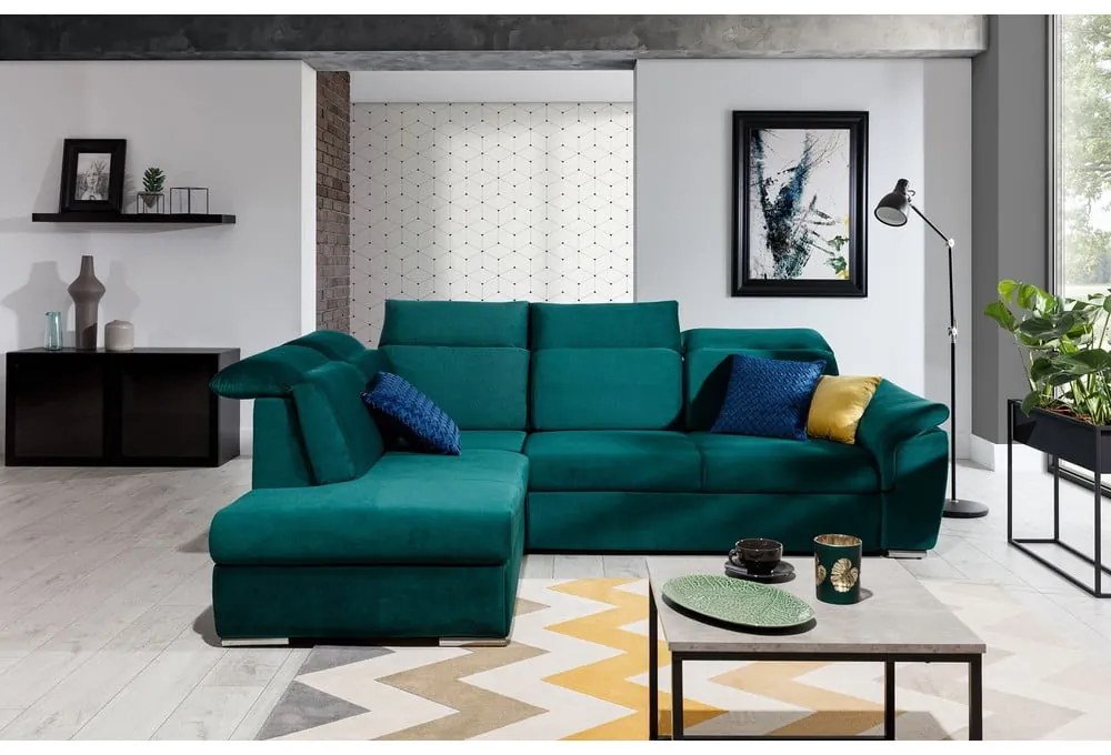 Divano angolare verde allungabile/con contenitore (con penisola a sinistra/a L) e rivestimento in velluto Loreto – ELTAP