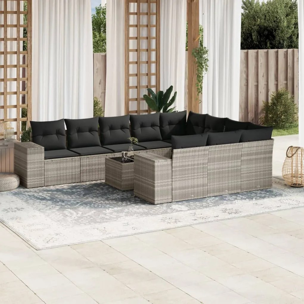 Set divani da giardino 11 pz con cuscini in polyrattan grigio