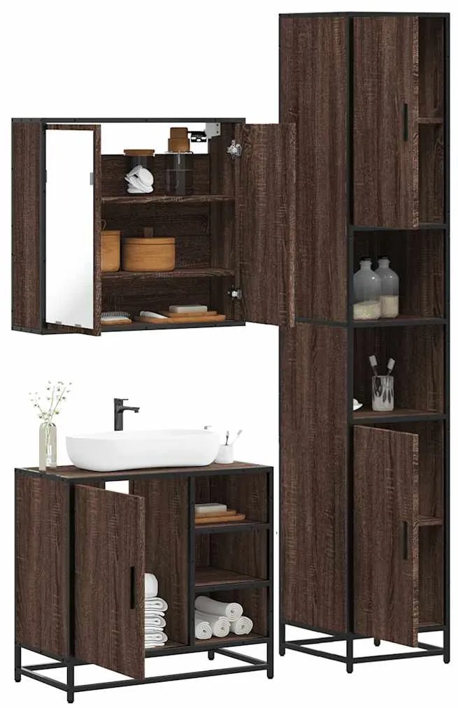 Set Mobili Da Bagno 3 Pz Rovere Marrone İn Legno Multistrato /