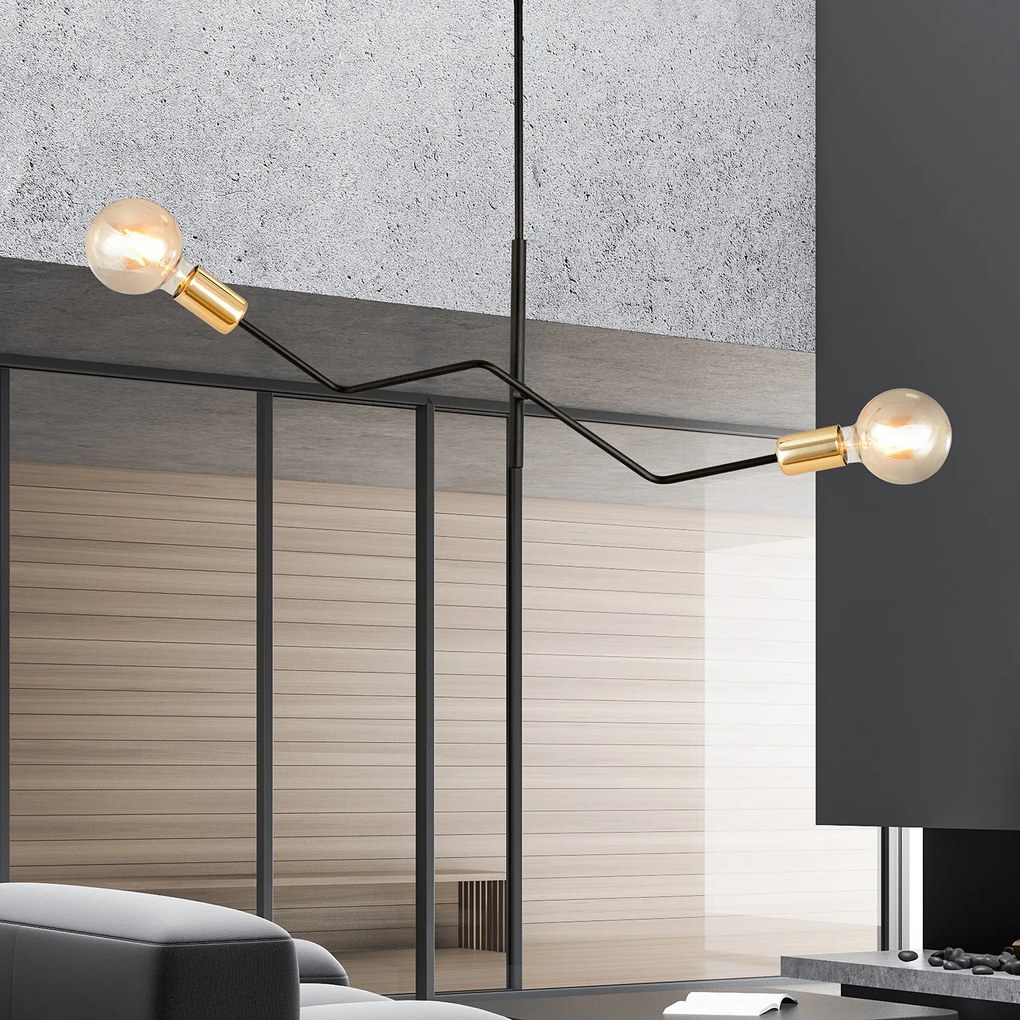 Sospensione Industrial 2 Luci Temi In Acciaio Nero E Oro Bracci Regolabili