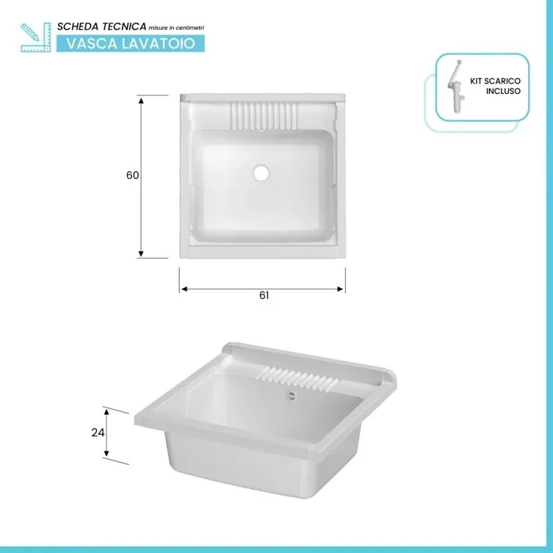 Mobile lavatoio 60x60 cm bianco in kit di montaggio con vasca e asse Ikaro