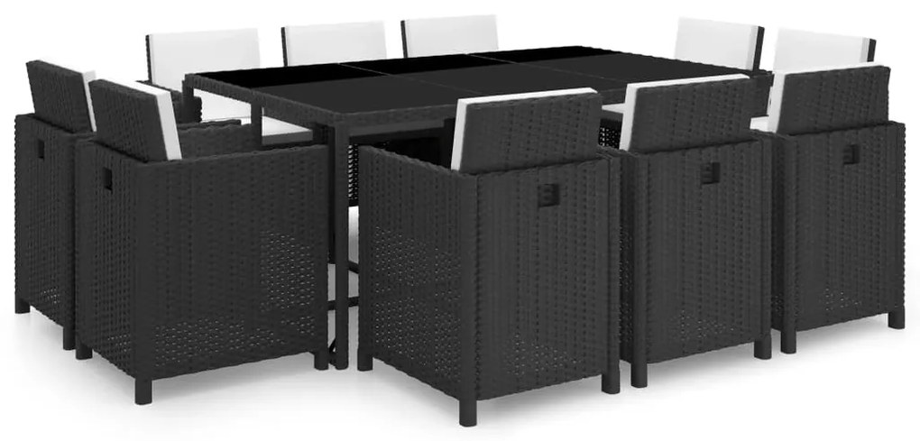 Set da pranzo da giardino 11 pz con cuscini in polyrattan nero