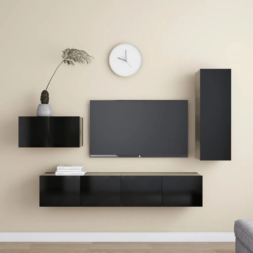 Set Di Mobili Porta Tv 4 Pz Nero İn Legno Multistrato /