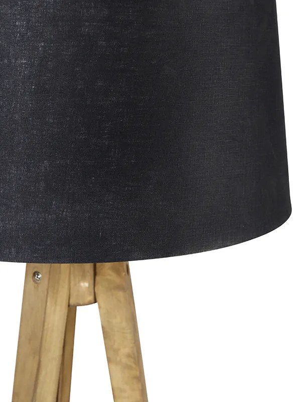 Lampada da terra vintage a treppiede rustico in legno con paralume in lino nero 45 cm - Tripod Classic