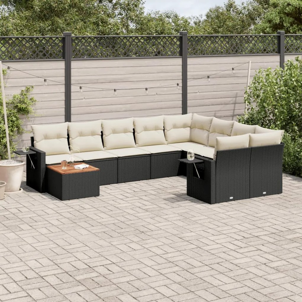 Set divani da giardino 10pz con cuscini in polyrattan nero