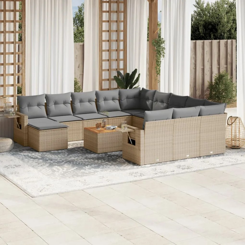 Set Divano da Giardino 13 pz con Cuscini Beige Misto Polyrattan