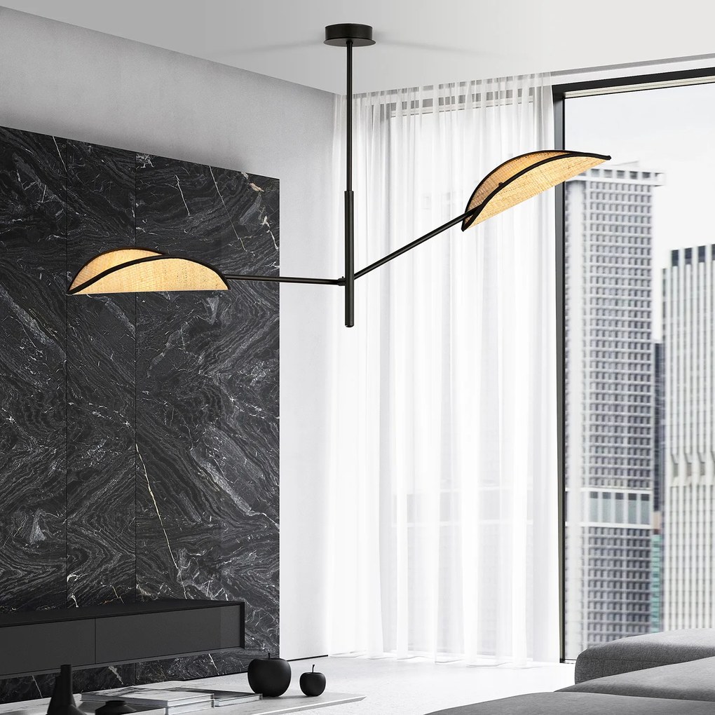 Lampadario 2 Luci Eridano In Acciao Nero E Rattan Con Bracci Mobili