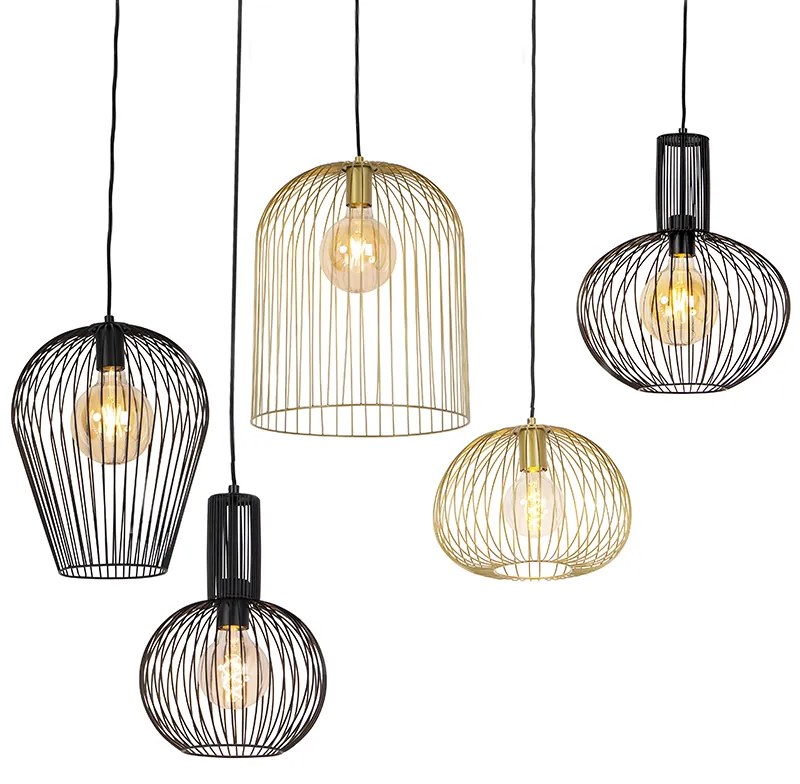Set di 5 lampade a sospensione di design nere e dorate - Wires