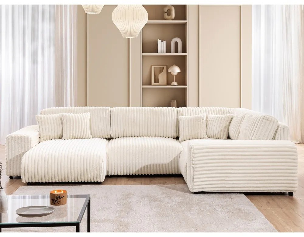 Divano angolare color crema (con penisola a destra/a U) rivestito in velluto a coste Justin – Ropez