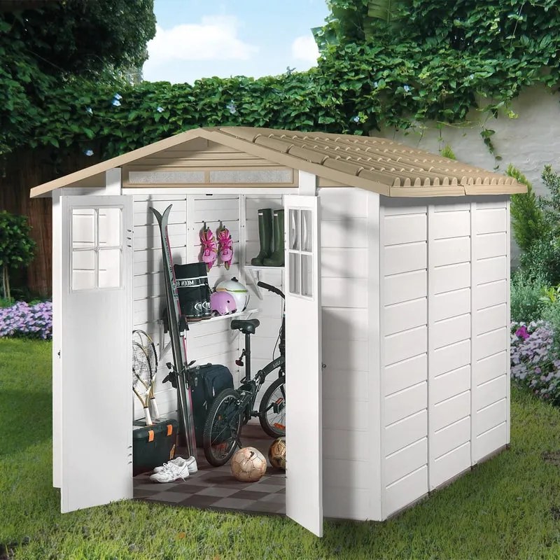 Casetta da giardino HABRITA in pvc Tuscany Evo beige con porta doppio battente, superficie interna 4.91 m² e spessore parete 20 mm