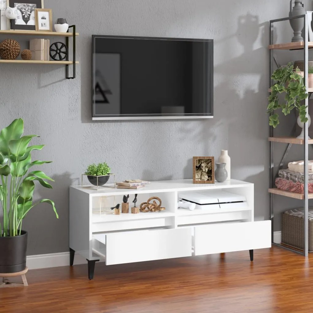 Mobile porta tv bianco lucido 100x34,5x44,5cm legno multistrato