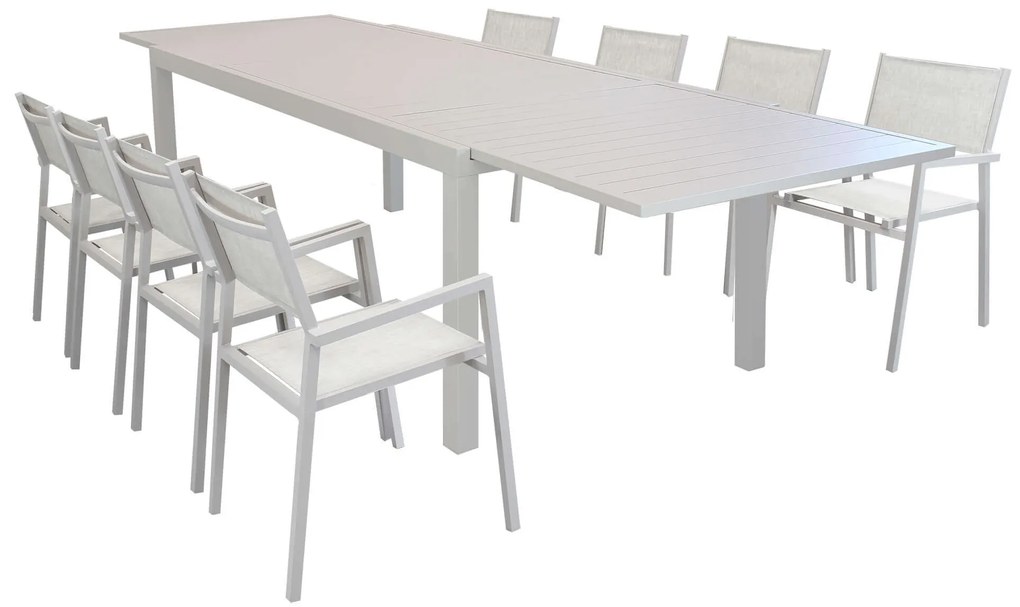 DEXTER - set tavolo in alluminio cm 200/300 x 100 x 74 h con 8 poltrone Aulus