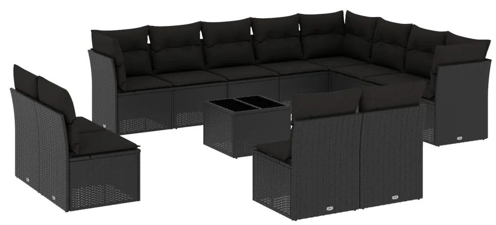 Set divani da giardino 13pz con cuscini nero in polyrattan