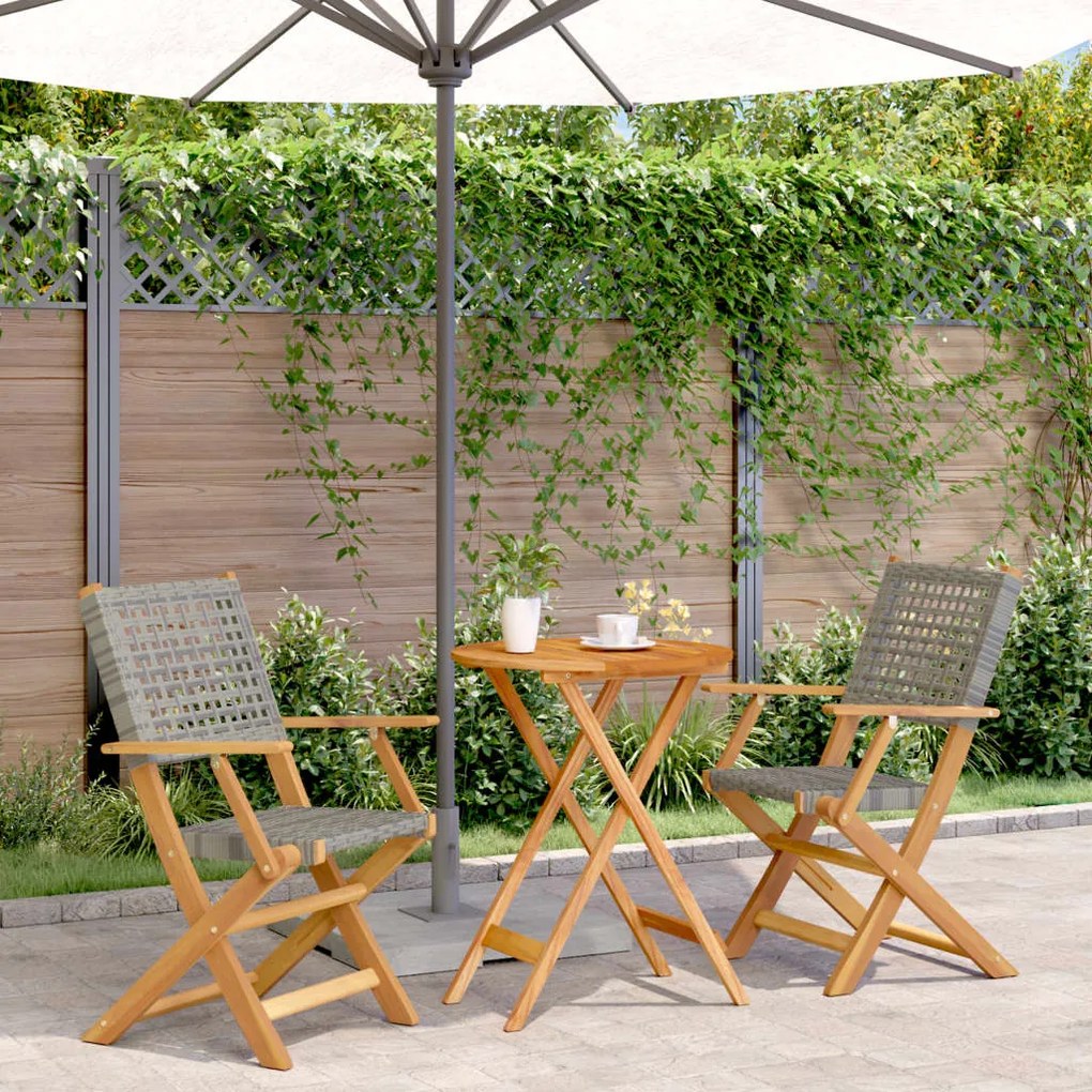 Set da bistrot 3 pz grigio in polyrattan e legno massello