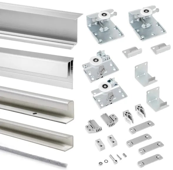 Sistema scorrevole per armadio 2 ante di spessore 16 mm, antideragliamento e con profili in alluminio cromato (pannelli non incl