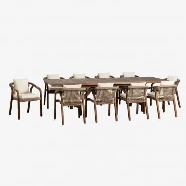 Set Tavolo Rettangolare Allungabile (200-300x100 Cm) E 10 Sedie Da Pranzo Con Braccioli In Legno Di Acacia Dubai Marrone Acacia Scuro - Sklum