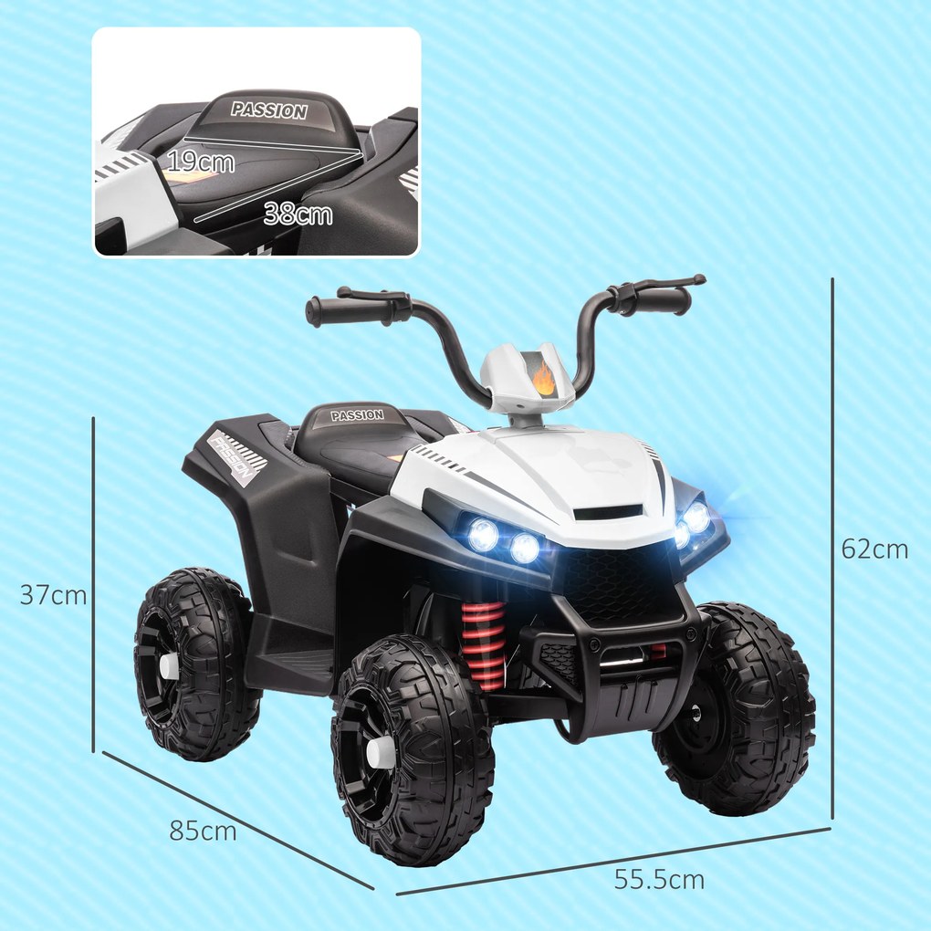 Quad Elettrico per Bambini 12V con 2 Motori Sospensioni Fari LED MP3 Bianco...