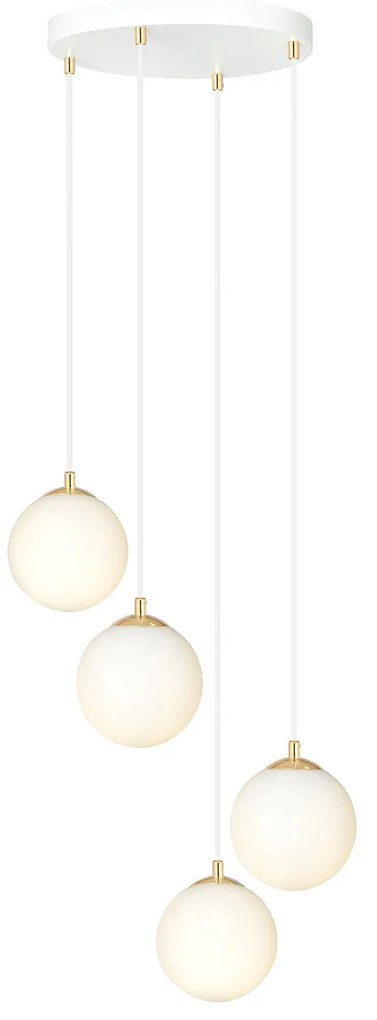 Sospensione Contemporanea Nuada 4 Luci In Acciaio Bianco Sfera Vetro Bianco