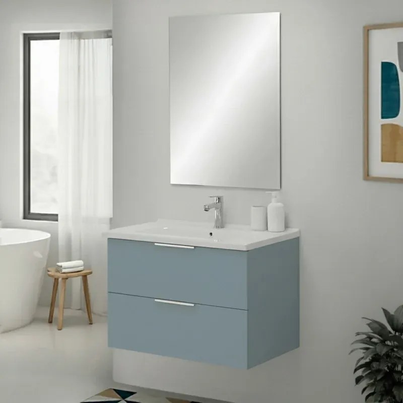 Mobile bagno sospeso 80cm azzurro polvere con cassetti lavabo e specchio Elva