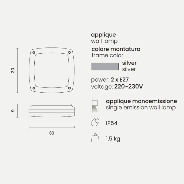 Lampada applique per esterni 30x30 cm PARIS in alluminio Silver