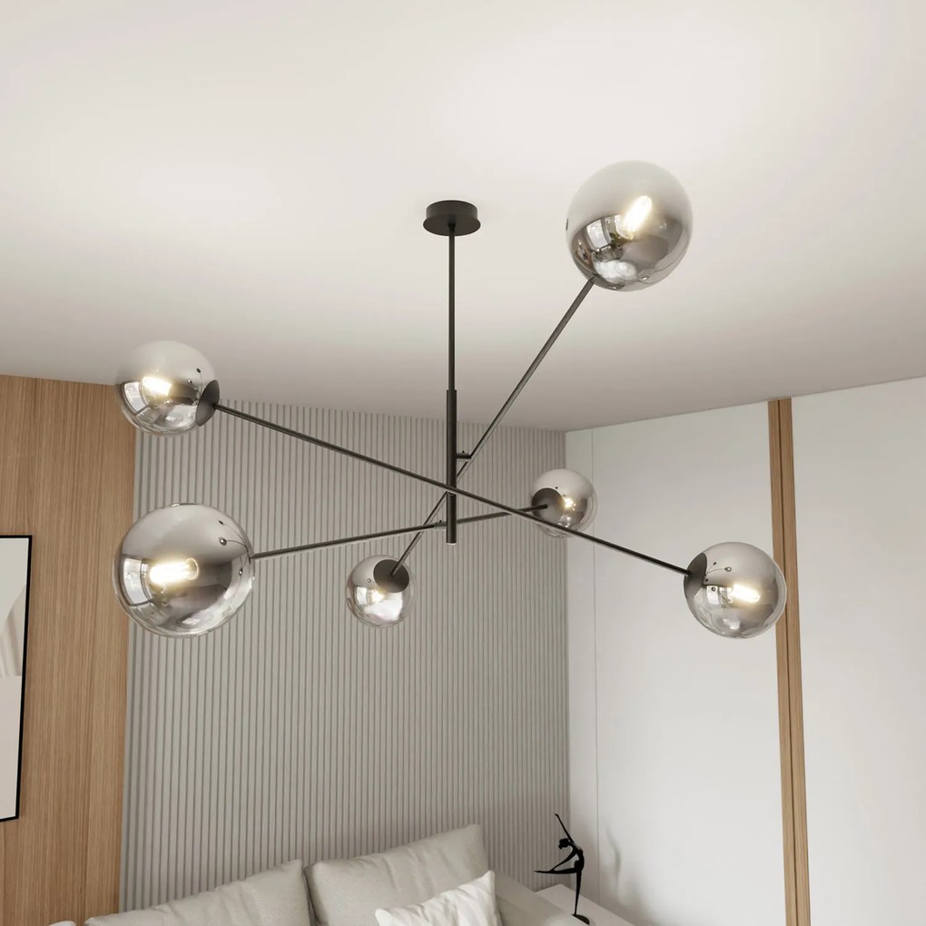 Lampadario 6 Luci Yama In Acciao Nero Con Bracci Regolabili E Vetro Fumè