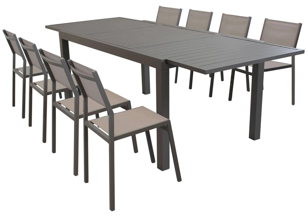 DEXTER - set tavolo in alluminio cm 160/240 x 90 x 75 h con 8 sedie Aulus