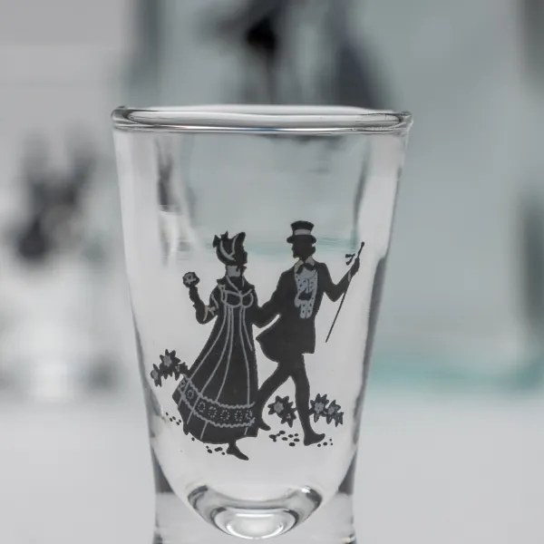 Set 1x bottiglia di vetro e 2x bicchiere per shot limpido con motivo di danza
