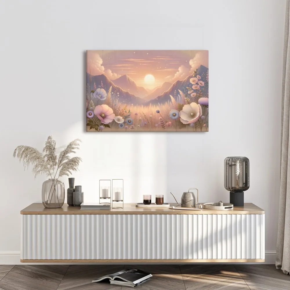 Quadro su tela – Tramonto romantico con prato