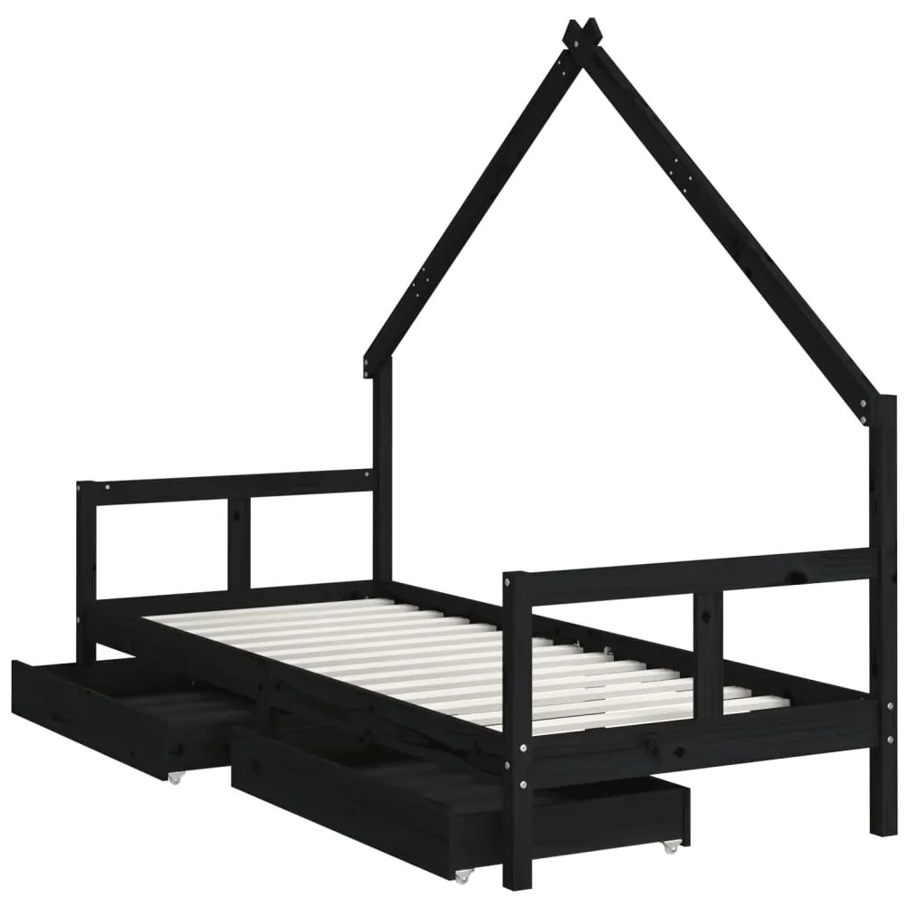 Giroletto bambini con cassetti nero 80x200cm massello di pino