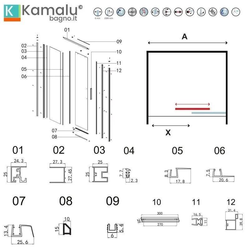 Kamalu - porta doccia 100 cm colore bianco vetro 6mm altezza 200h | kla4000b