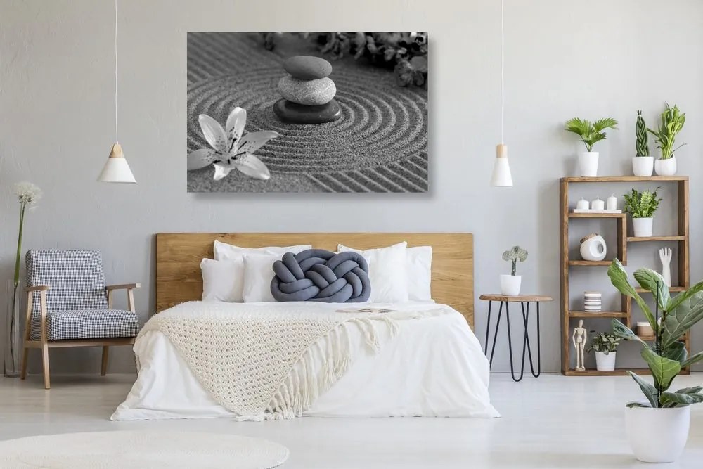 Quadro su tela – Giardino Zen e pietre nella sabbia in bianco e nero
