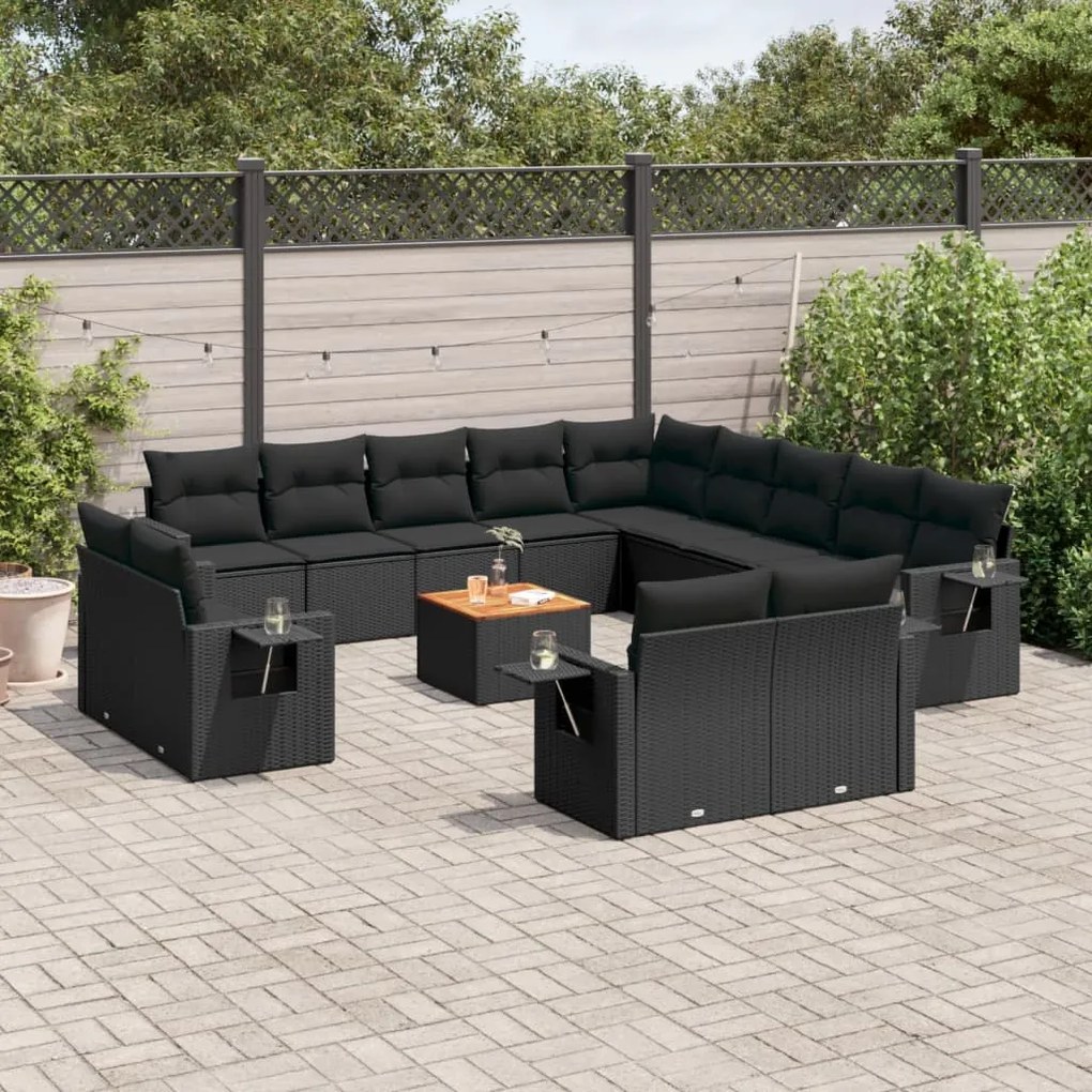 Set divani da giardino 14pz con cuscini in polyrattan nero