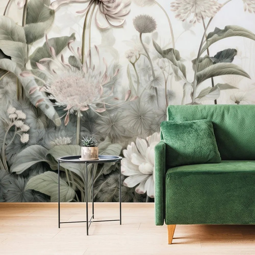 Carta da parati – Fiori avvolti dalla natura con contrasto beige