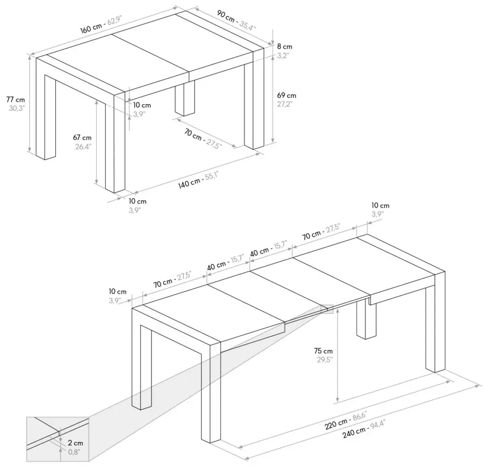 Tavolo MARZAMEMI grigio effetto cemento allungabile 160&#215;90 cm &#8211; 240&#215;90 cm