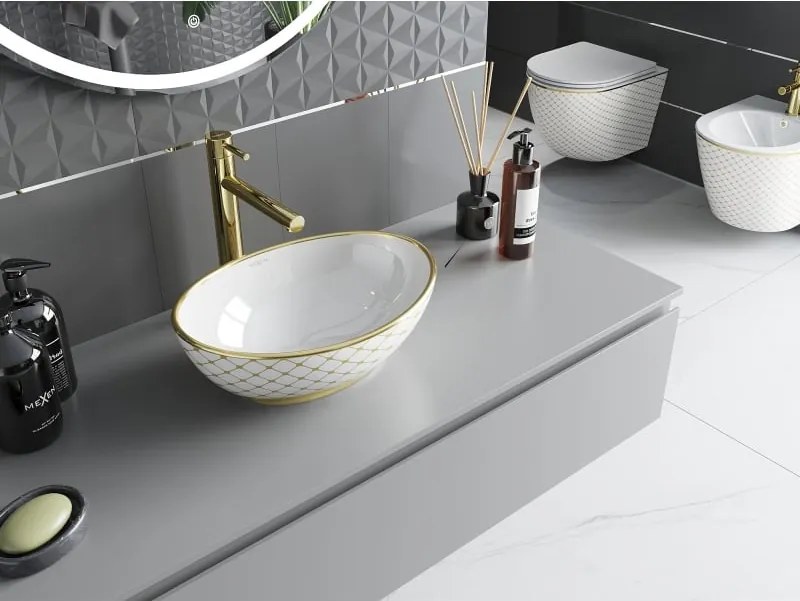 Mexen Elza lavandino da appoggio 40 x 33 cm, bianco/oro motivo griglia - 21014009