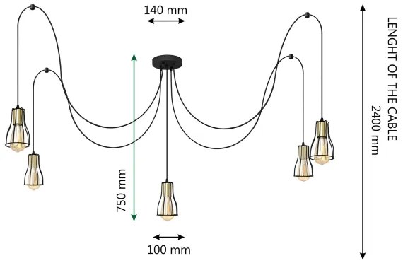 Lampadario a sospensione con filo TUBE LONG 5xE27/15W/230V nero/oro