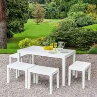 Set salotto da esterno Sanremo, Set da giardino composto da 4 panchine e 1 tavolo da pic nic, Salottino indoor, 100% Made in Italy, Cm 138x78h72, Bianco