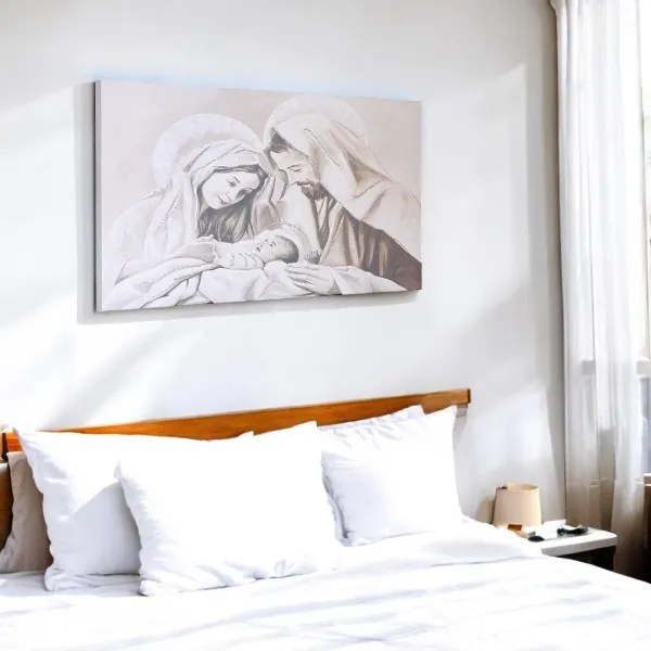 Quadro in tela 50x100 cm tema Sacra Famiglia con particolari a rilievo